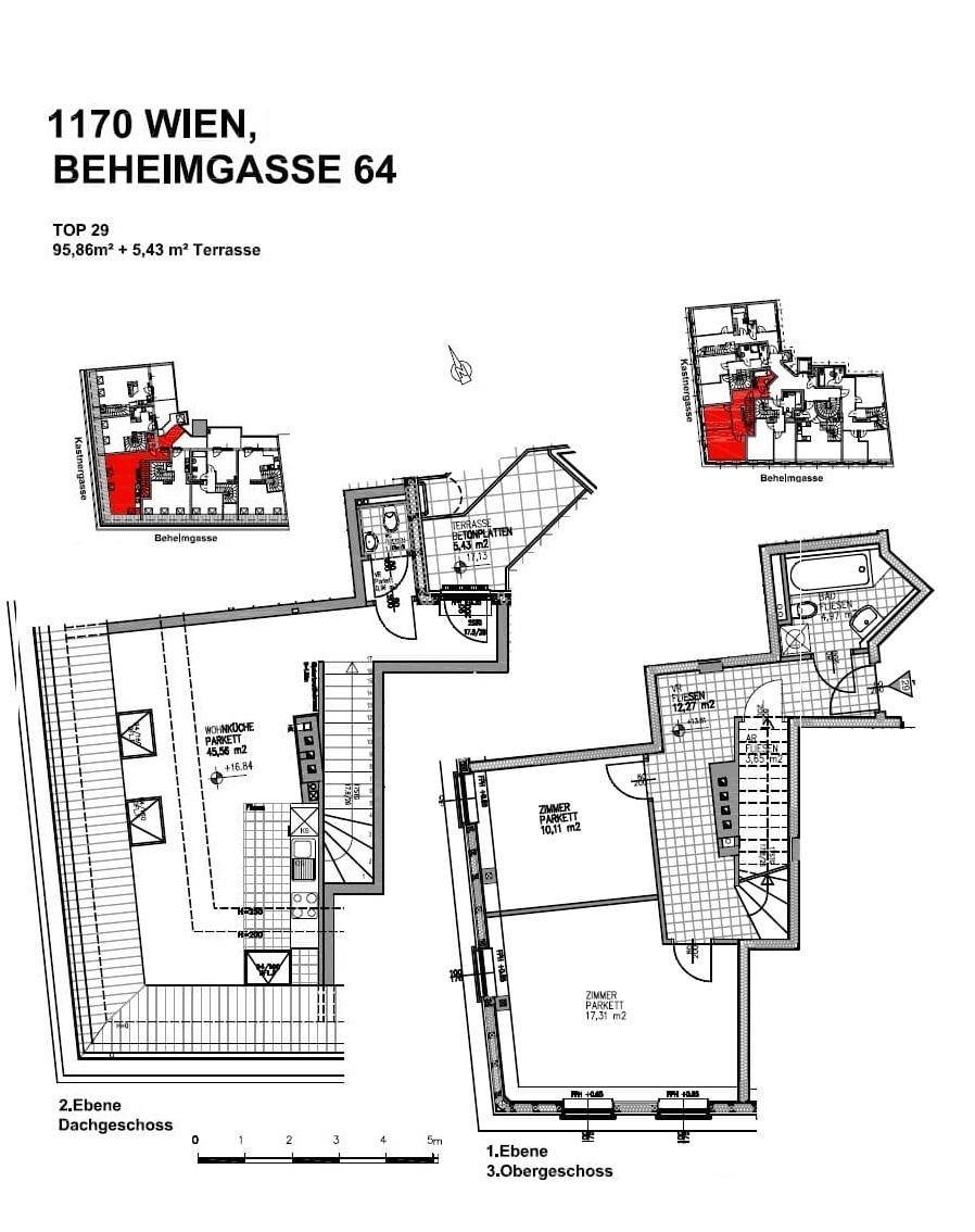 Detaillierter Grundriss einer Maisonette-Wohnung über zwei Ebenen mit Terrasse.