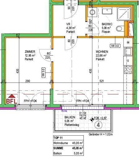Grundriss der Wohnung mit Zimmern, Bad/WC, Wohnbereich und Balkon.