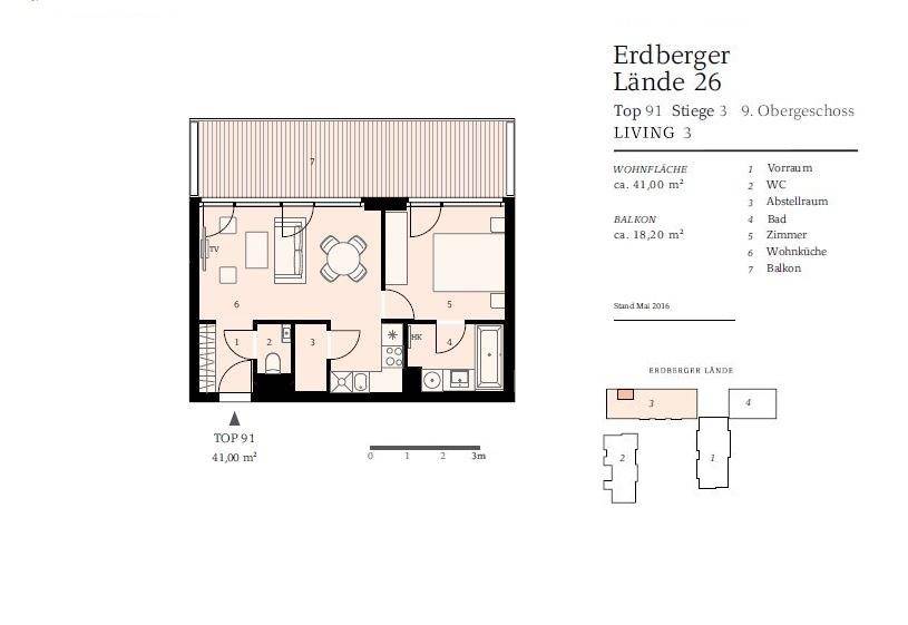 Grundriss der Wohnung mit Wohnküche, Schlafzimmer und Balkon.