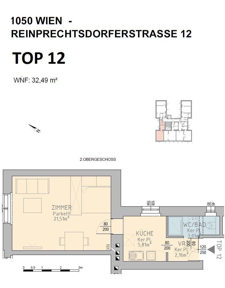 Grundriss der Wohnung Top 12 im 2. Obergeschoss mit Zimmer, Küche und Bad.