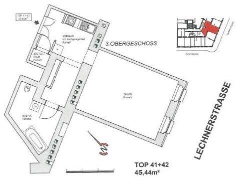 Grundriss des 3. Obergeschosses mit 45,44m² und Badewanne.