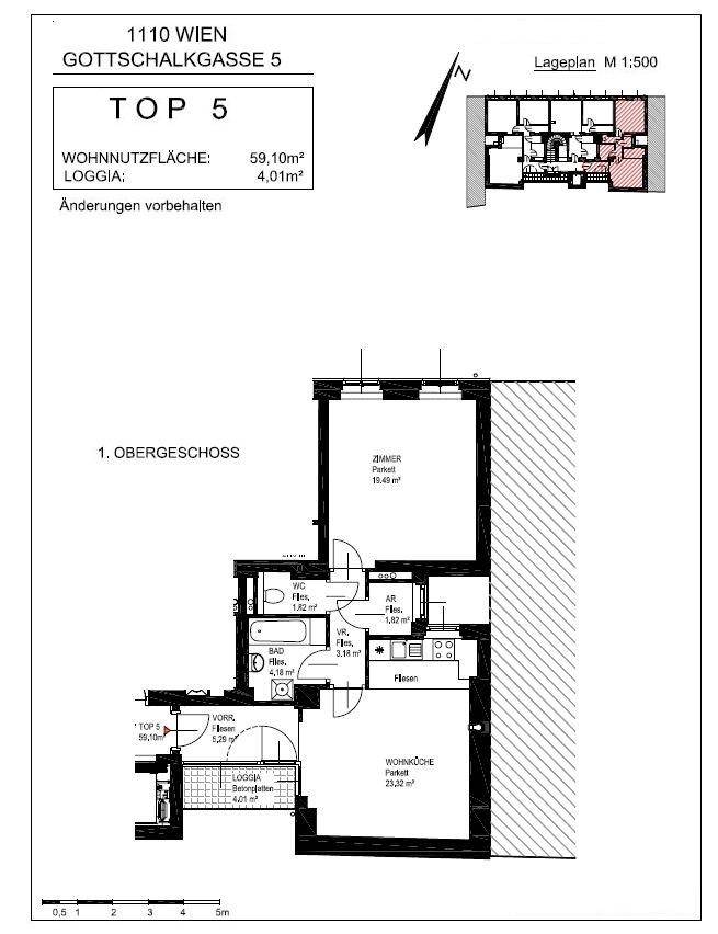 Grundriss der Wohnung Top 5 mit Wohnnutzfläche und Loggia.