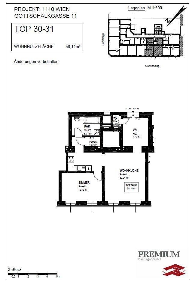 Grundriss der Wohnung Top 30-31 mit Wohnküche, Zimmer und Bad auf 58,14m².