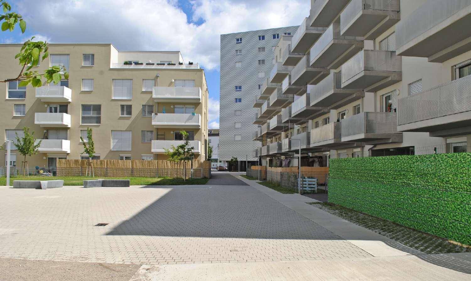 Moderne Wohnanlage mit gepflasterten Wegen, Grünflächen und umliegenden Gebäuden.