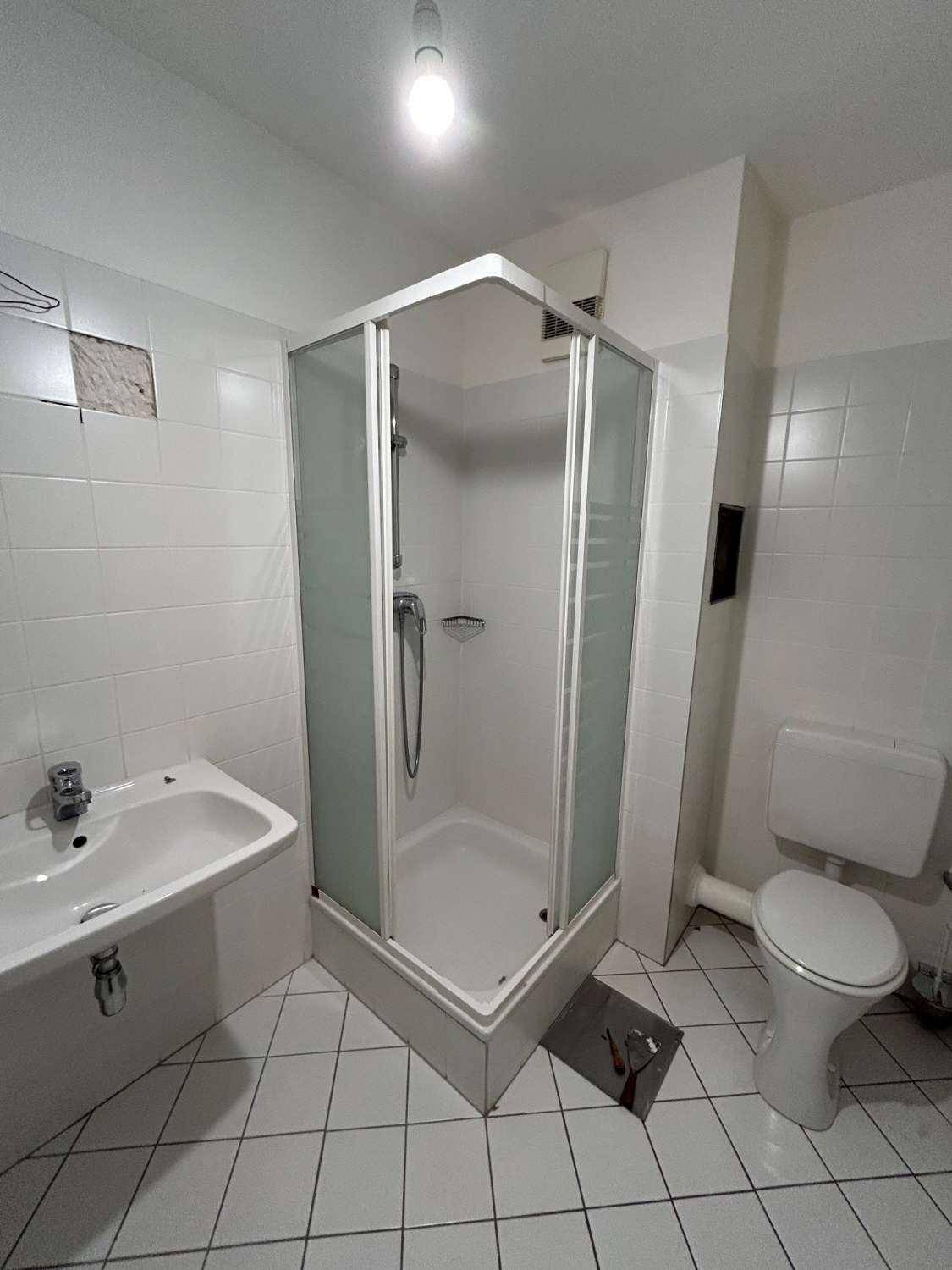 Badezimmer mit Duschkabine, WC und Waschbecken, ausgestattet mit weißen Fliesen und funktionaler Einrichtung.