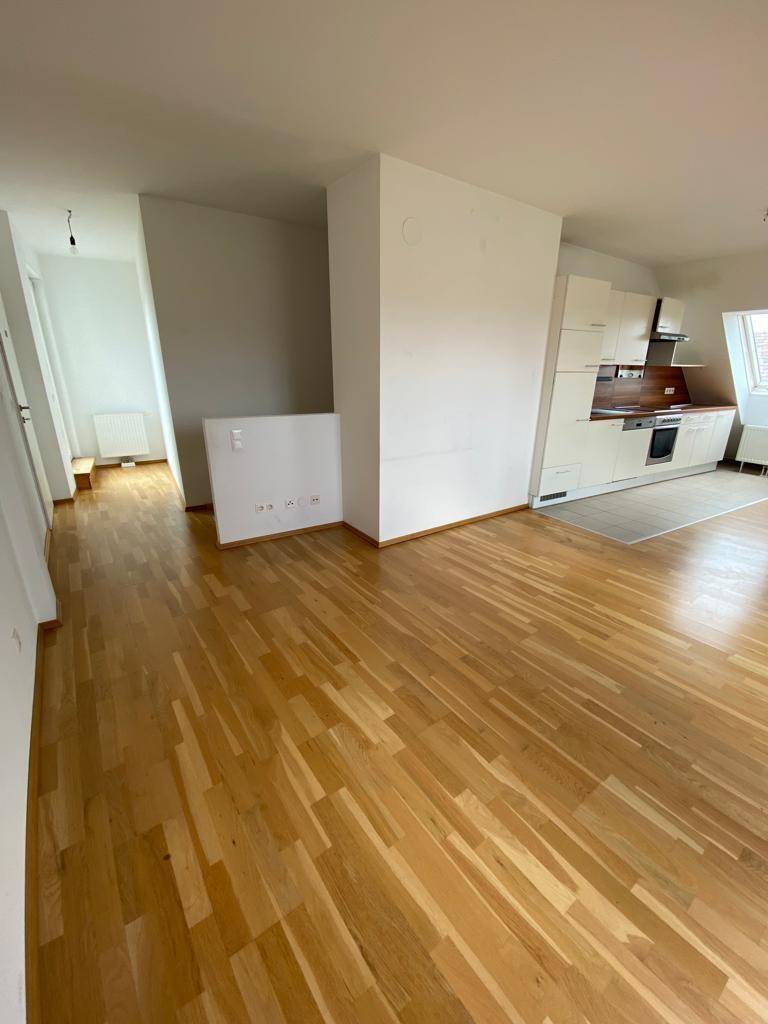 Offener Wohnbereich mit integrierter Küche, Parkettboden und Zugang zu weiteren Räumen.
