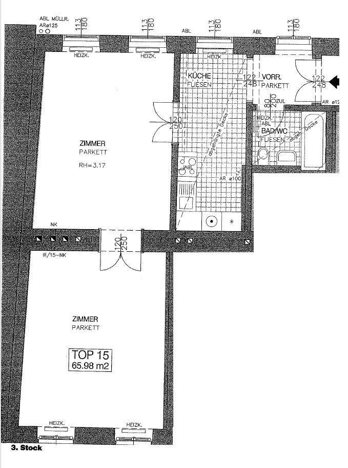 Grundriss einer Wohnung mit zwei Zimmern, Küche und Bad/WC, insgesamt 65,98 m² Wohnfläche.
