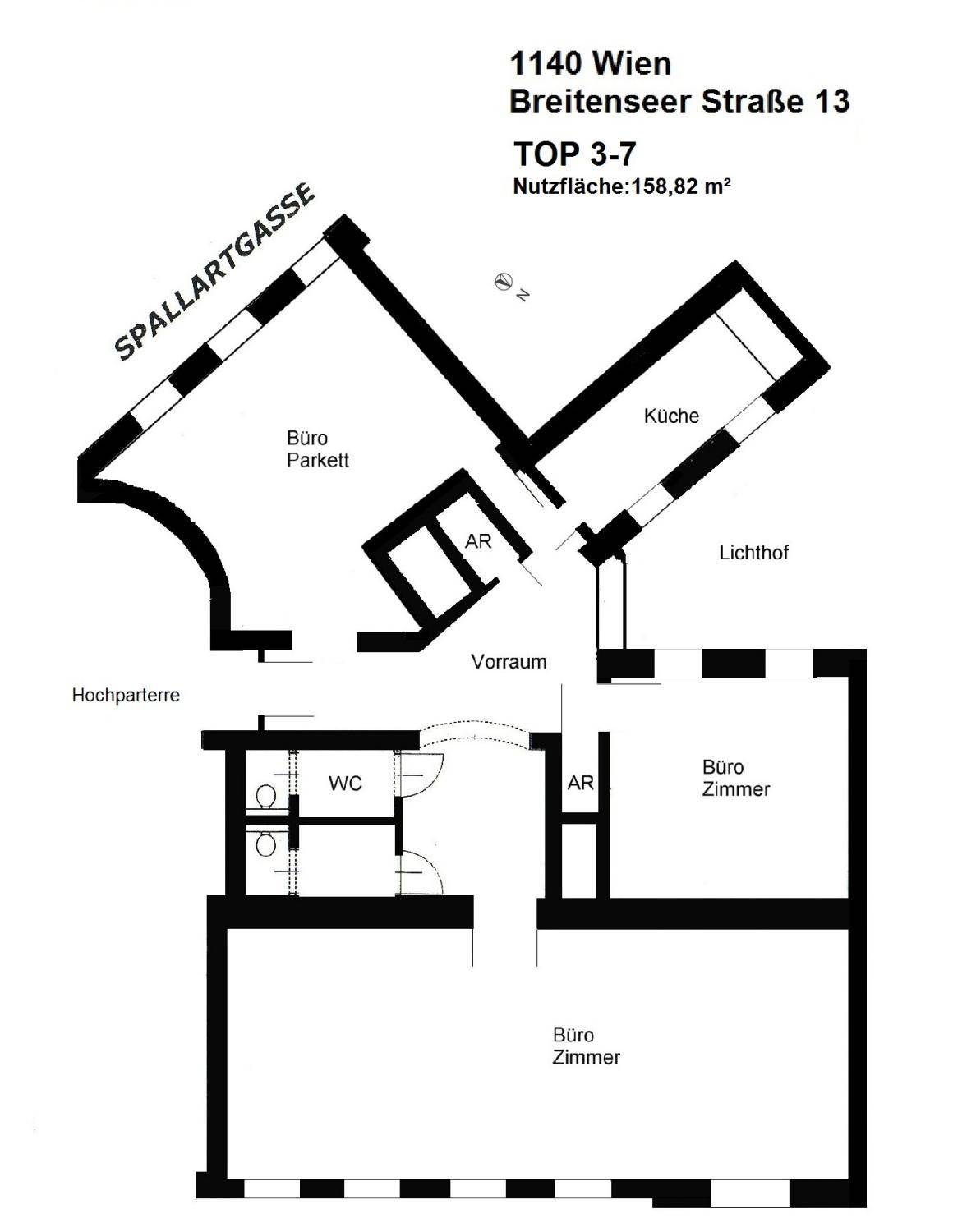 Grundrissplan einer Wohnung mit mehreren Büroräumen, Küche und separatem WC.