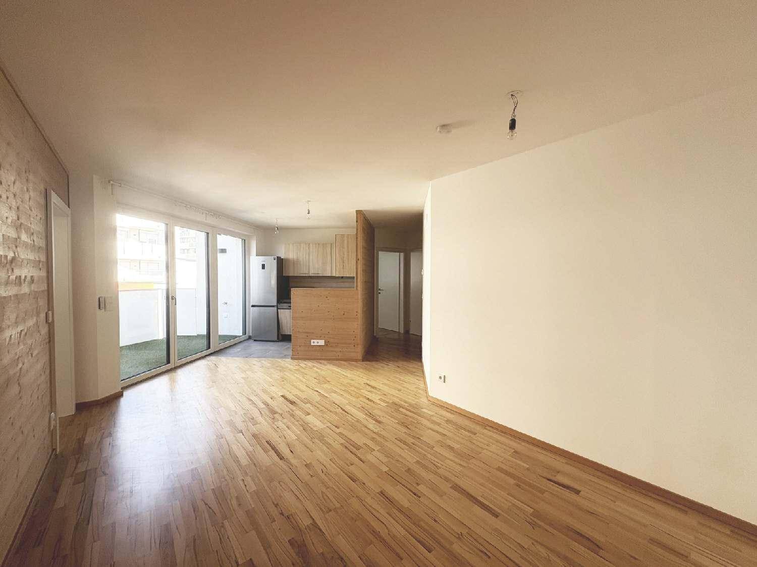 Geräumiger Wohnbereich mit Holzboden, offener Küche und Zugang zu einem Außenbereich durch große Glastüren.