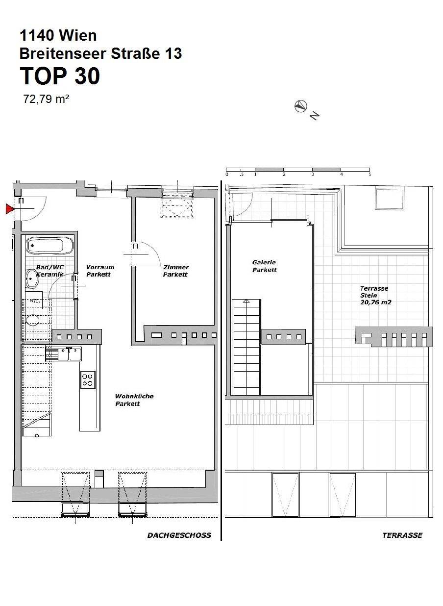 Grundriss der Dachgeschosswohnung mit Wohnküche, Zimmern und großer Terrasse.