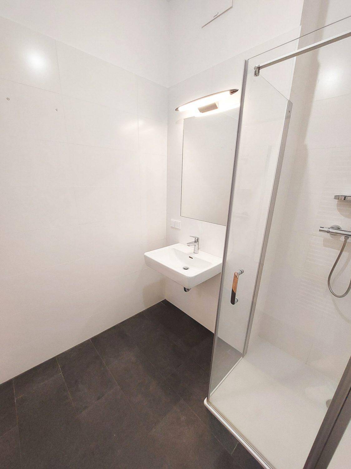 Helles Badezimmer mit moderner begehbarer Dusche, Einzelwaschbecken und dunklem Fliesenboden.