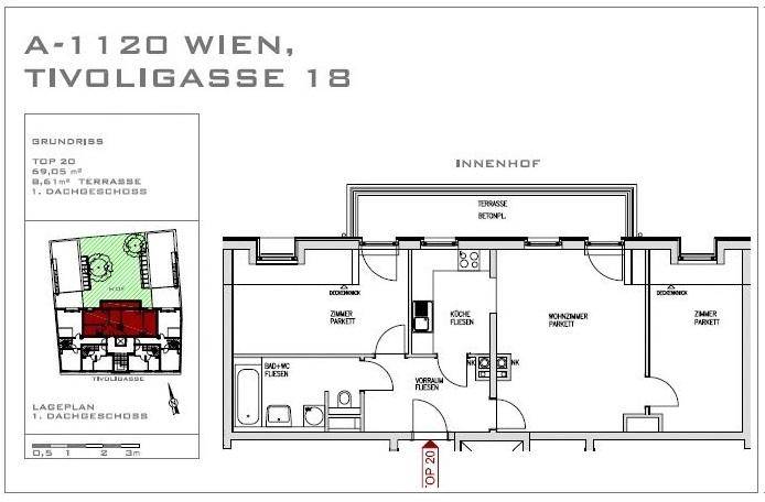 Grundriss einer Wohnung mit zwei Zimmern, Küche, Bad und Terrasse.