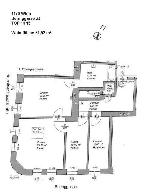 Grundriss der Wohnung Top 14-15 im 1. Obergeschoss mit einer Wohnfläche von 81,52 m².