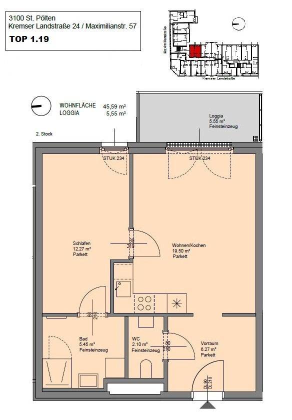 Grundriss der Wohnung TOP 1.19 mit Wohnfläche, Loggia und Raumaufteilung.