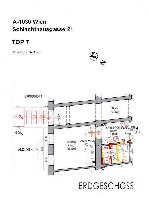 Grundriss für Top 7 im Erdgeschoss mit Zimmer, Gang und Kochnische.
