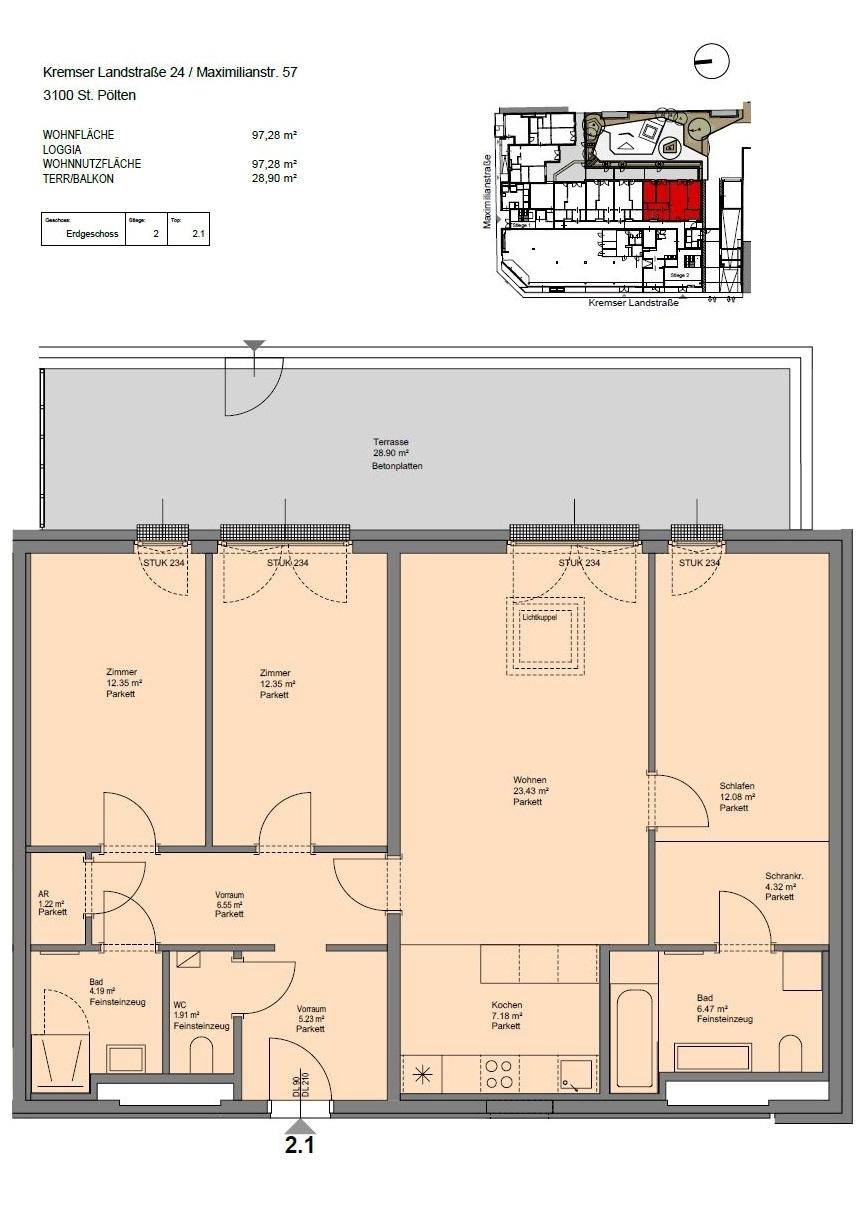 Detaillierter Grundriss einer Wohnung mit mehreren Zimmern, Bad, separatem WC und großer Terrasse.