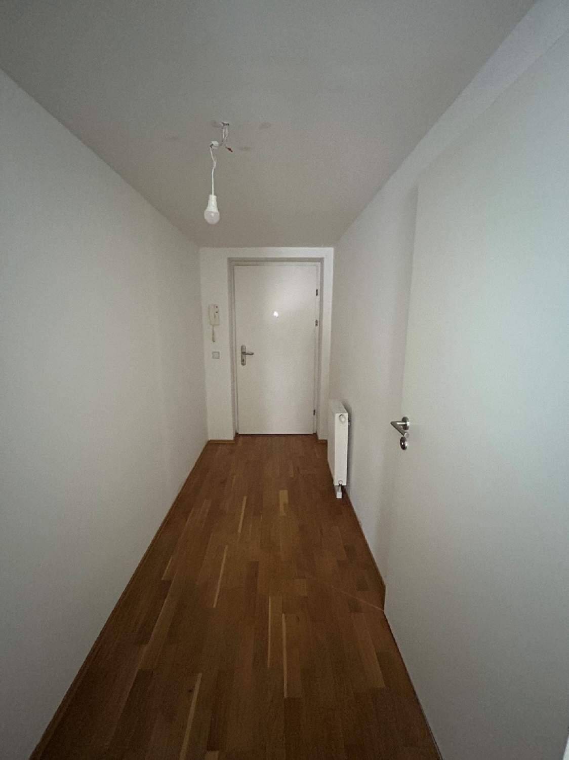 Heller Flur mit Holzparkettboden und weiß gestrichenen Wänden, der zu den Wohnräumen führt.