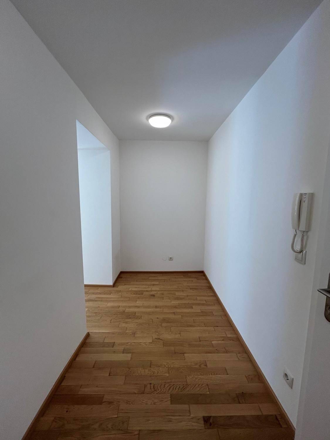 Heller Flur mit Holzboden und weiß gestrichenen Wänden, der zu weiteren Räumen führt.