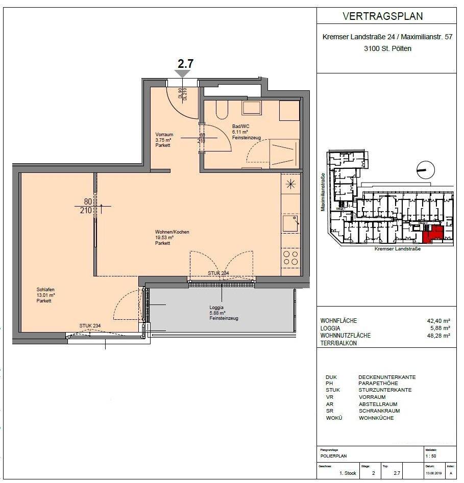 Grundriss einer Wohnung mit Wohnküche, Schlafzimmer, Bad und Loggia.