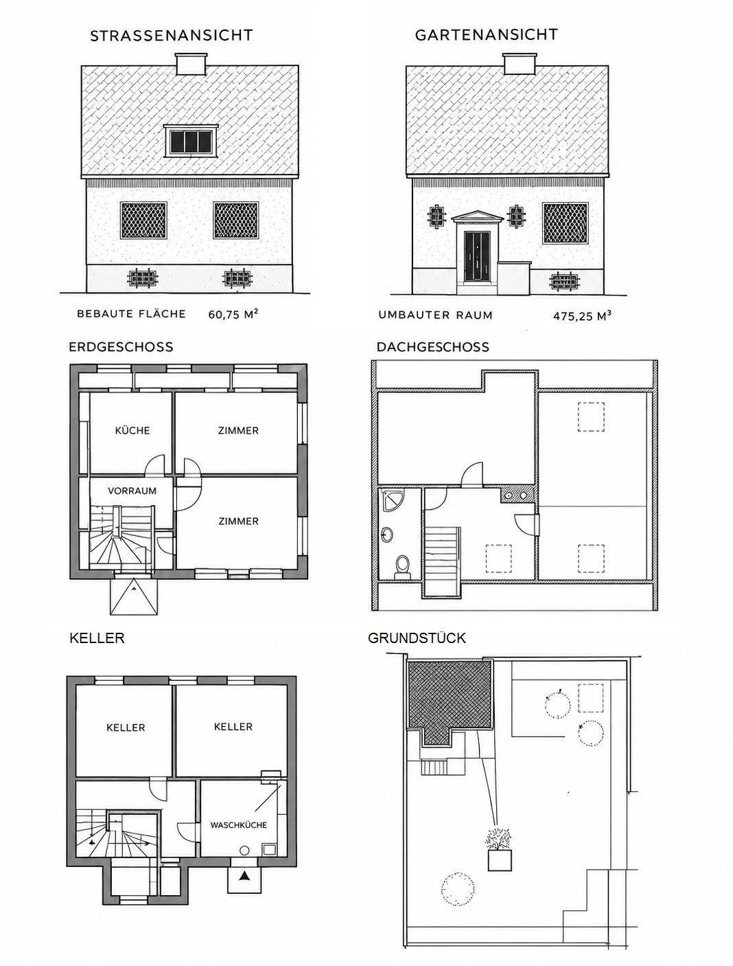 Grundrisspläne des Hauses mit Erdgeschoss, Dachgeschoss, Keller und Grundstücksansicht.