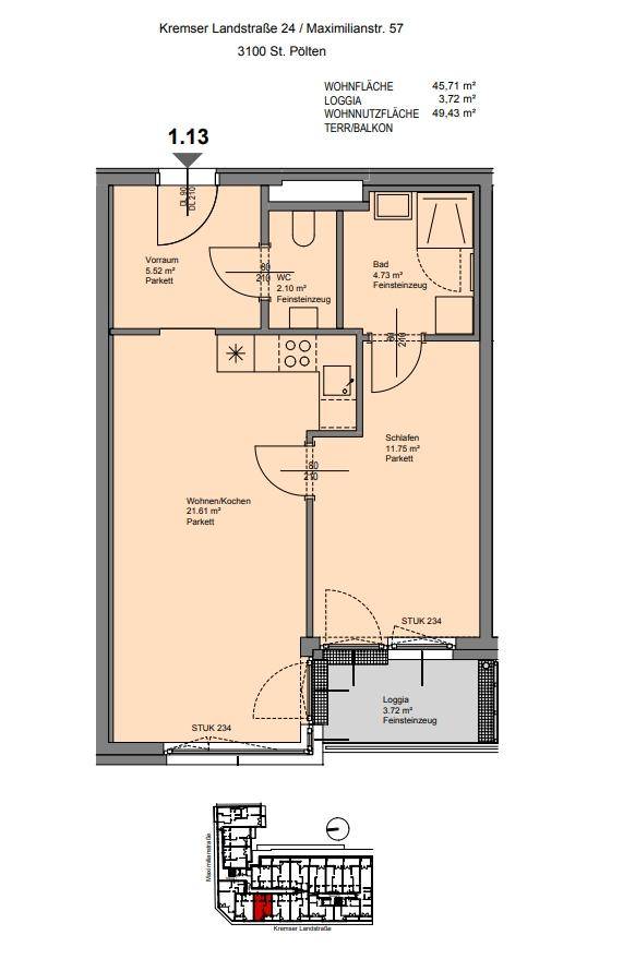 Detaillierter Grundriss einer Wohnung mit Wohnküche, Schlafzimmer und Loggia.