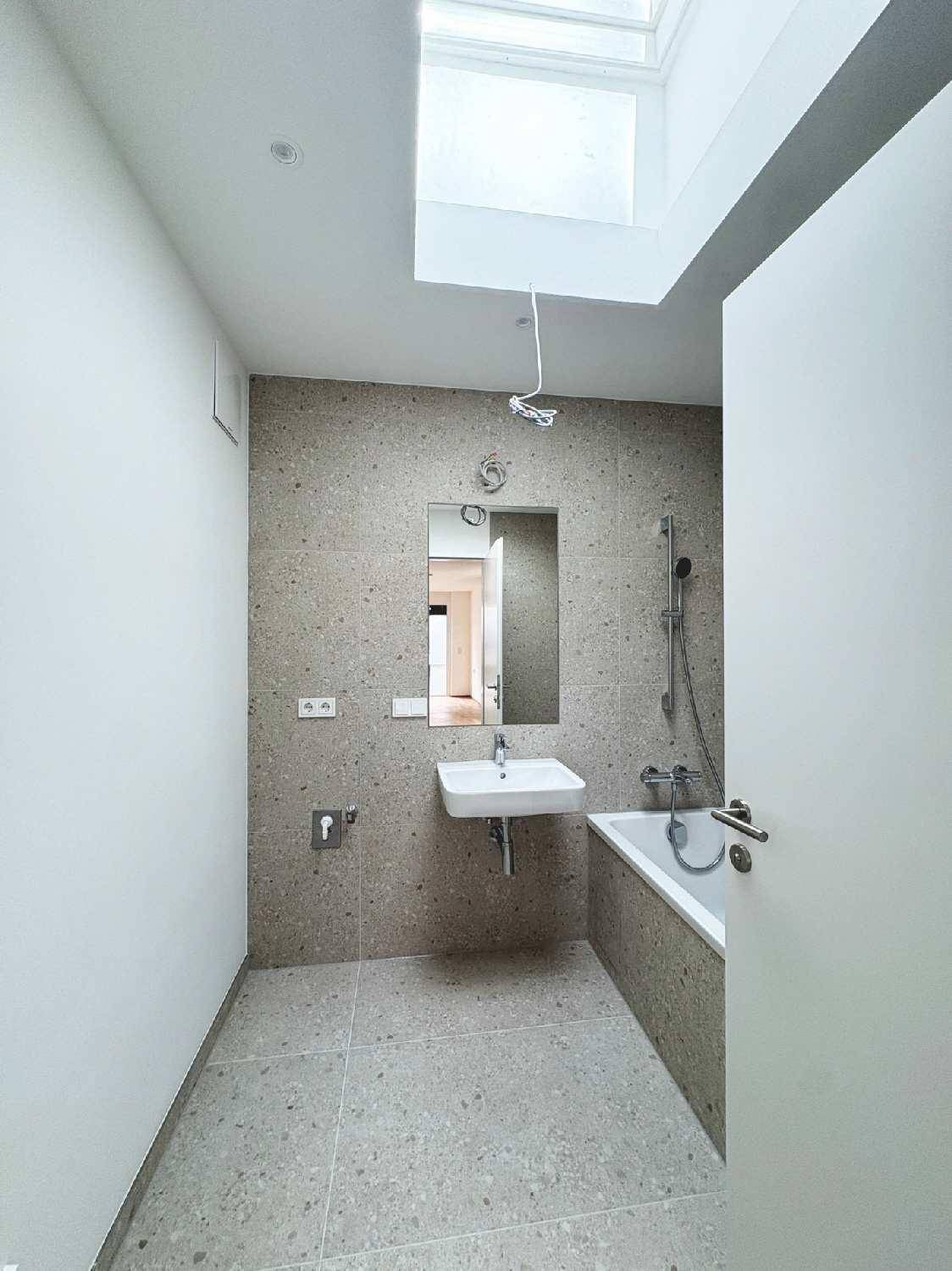 Modernes Badezimmer mit Badewanne, Waschbecken, Spiegel und natürlichem Licht durch ein Oberlicht.