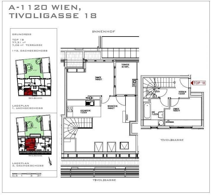 Grundriss einer Wohnung in Wien mit offenem Wohnbereich, Terrasse und separatem WC.