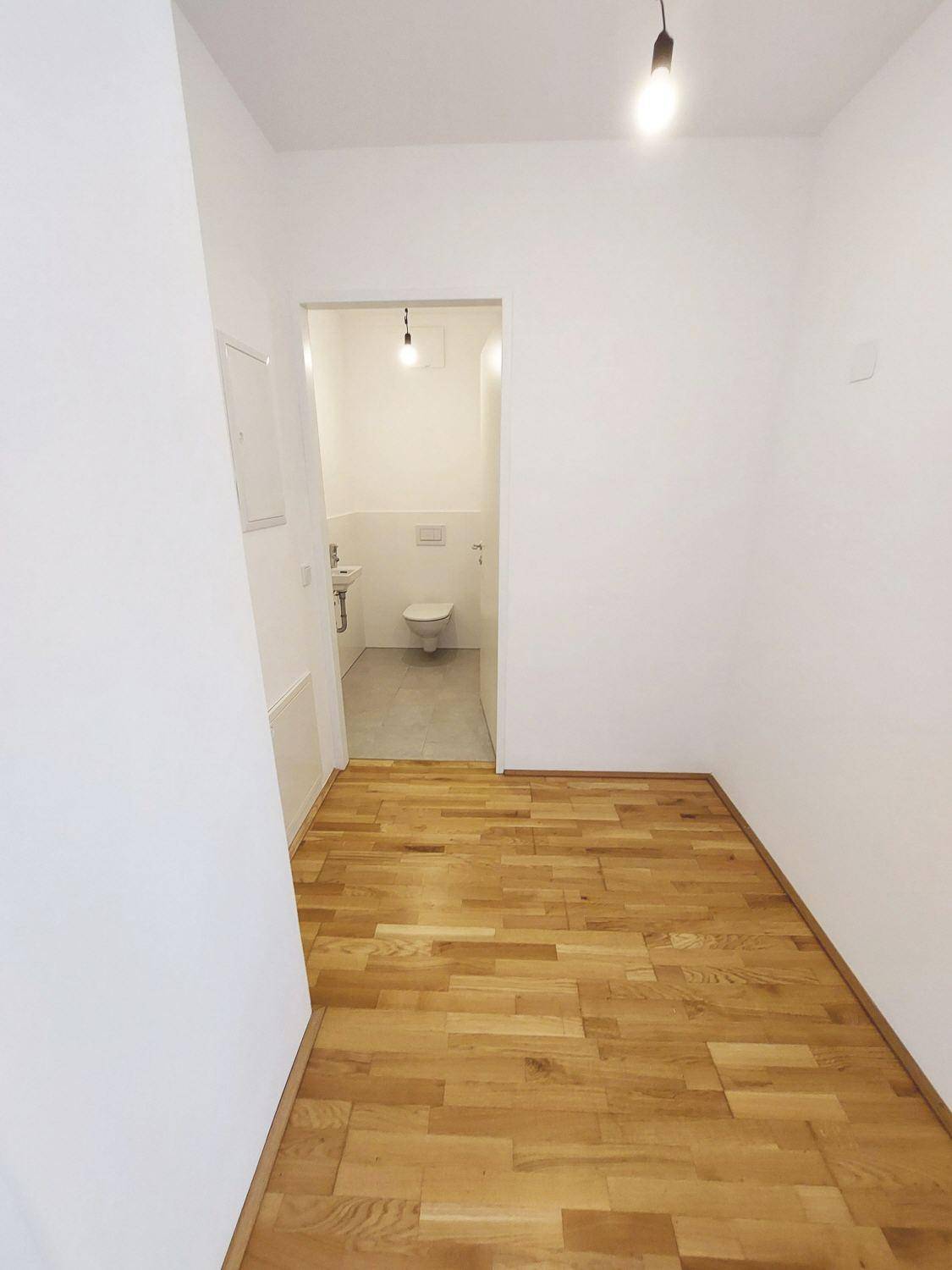 Flur mit Zugang zu einem Gäste-WC, ausgestattet mit Parkettboden.