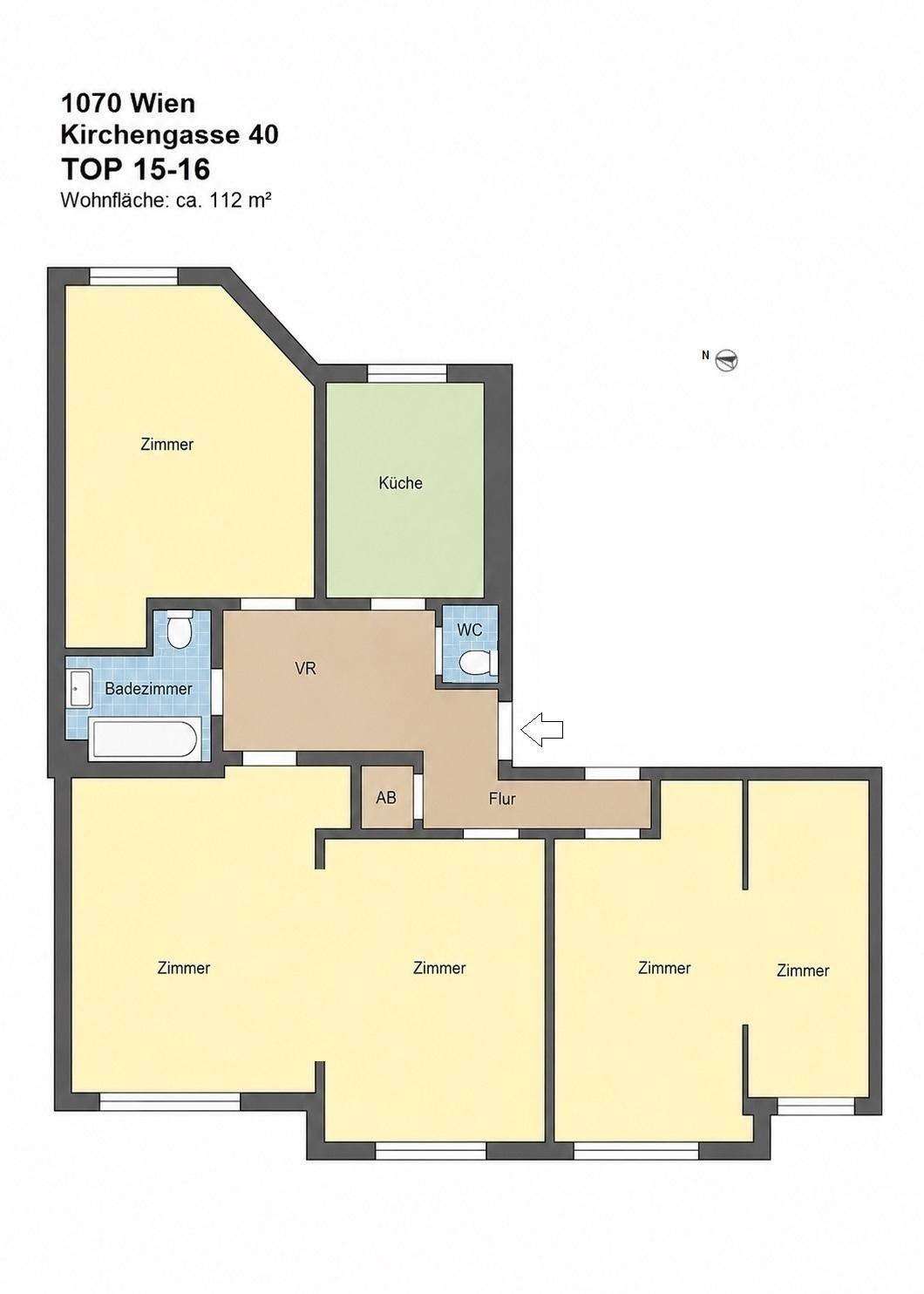 Grundriss einer Wohnung mit fünf Zimmern, Küche, Bad und separatem WC auf 112 m².