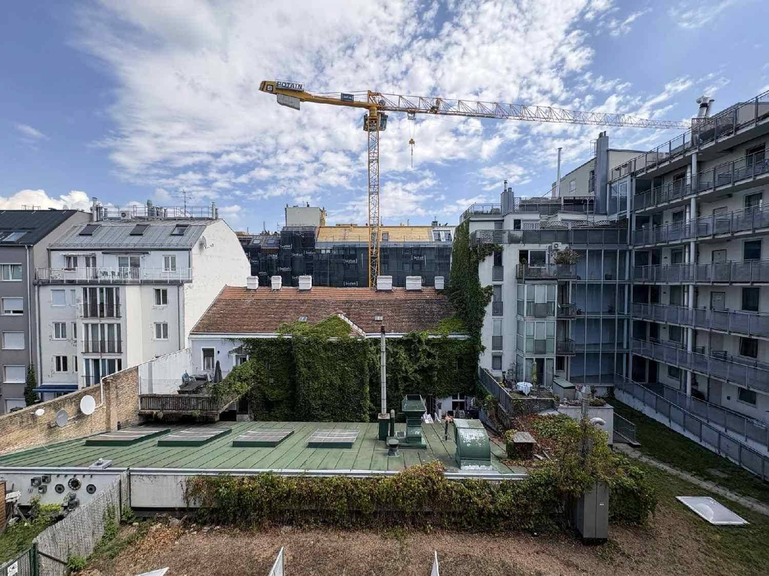 Weitläufiger Blick über die Dächer der Stadt mit grünen Flächen und einem Baukran am Horizont.