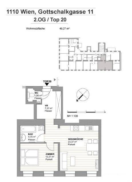 Grundriss einer Wohnung mit 49,27 m² Wohnfläche, aufgeteilt in Wohnküche, Zimmer, Bad und WC.
