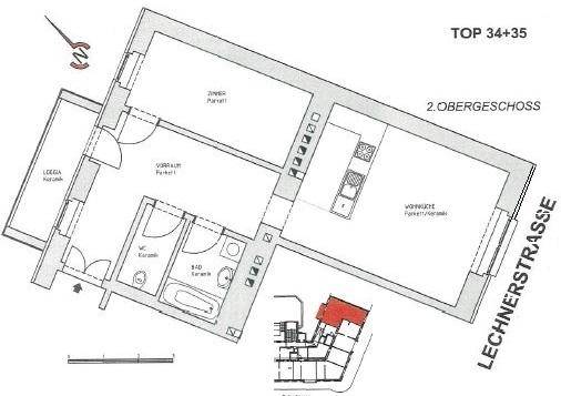 Grundriss einer Wohnung im 2. Obergeschoss mit Loggia und Badewanne.