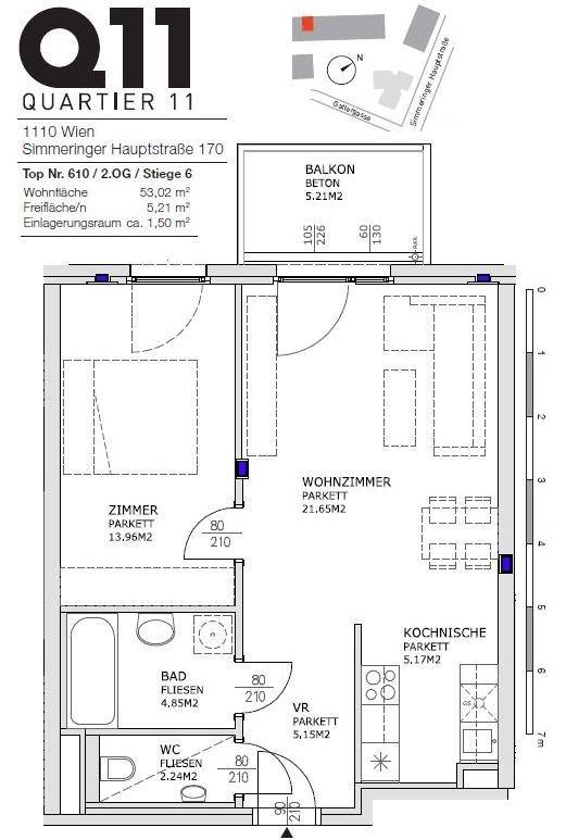Detaillierter Grundriss einer Wohnung mit Wohnzimmer, Schlafzimmer und separater Küche.