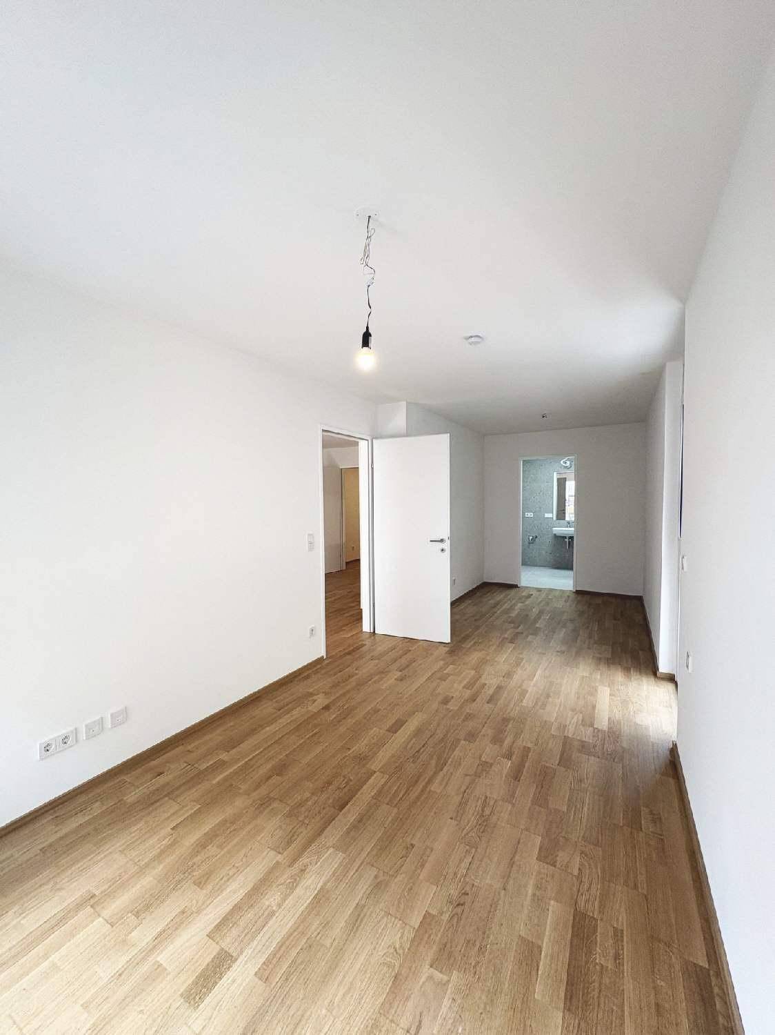Offener Wohnbereich mit Parkettboden und Blick auf den Flur sowie den Eingang zum Badezimmer.