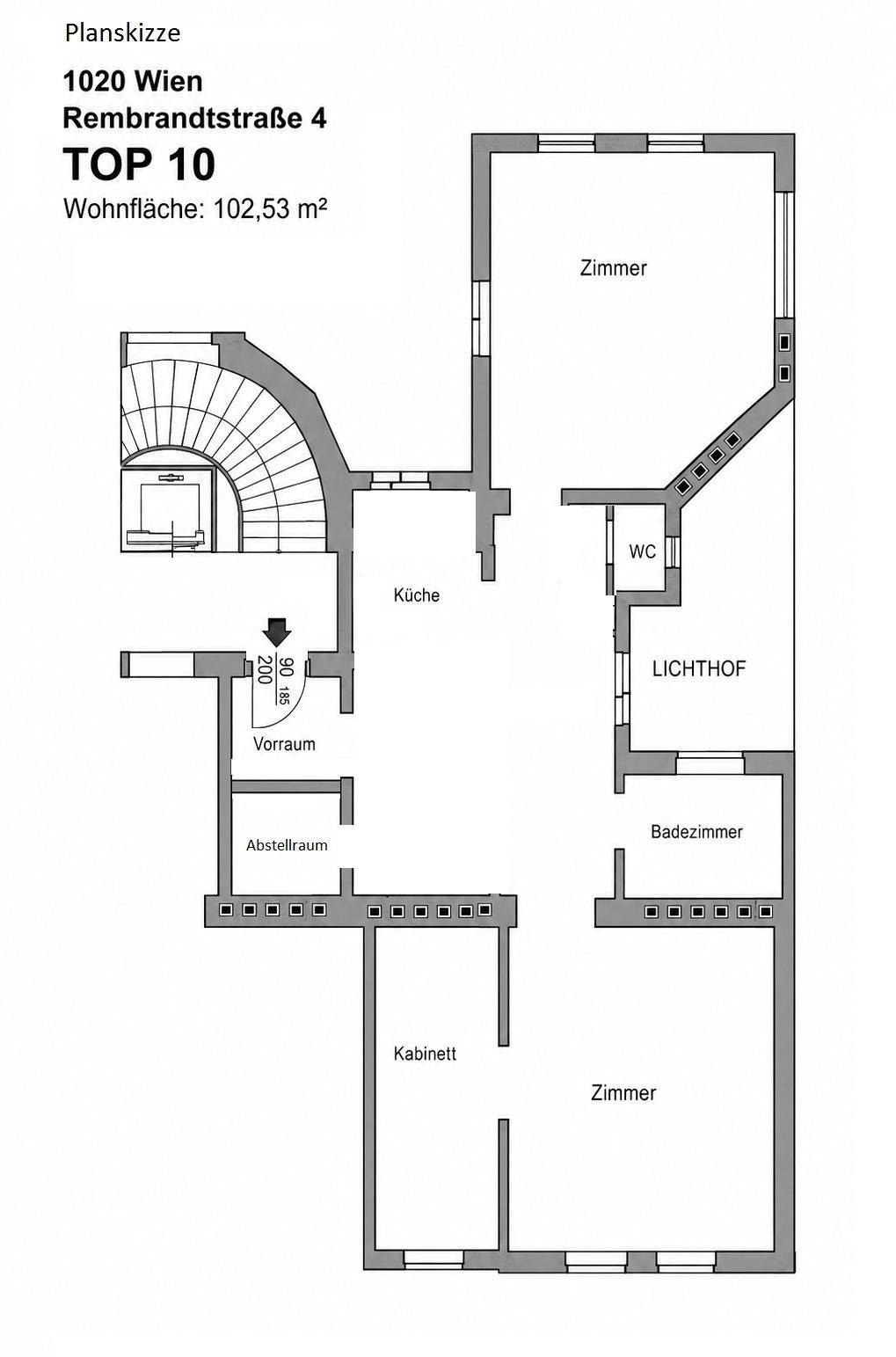 Grundriss der Wohnung Top 10 mit 102,53 m² Wohnfläche und mehreren Zimmern, inklusive Bad und WC.