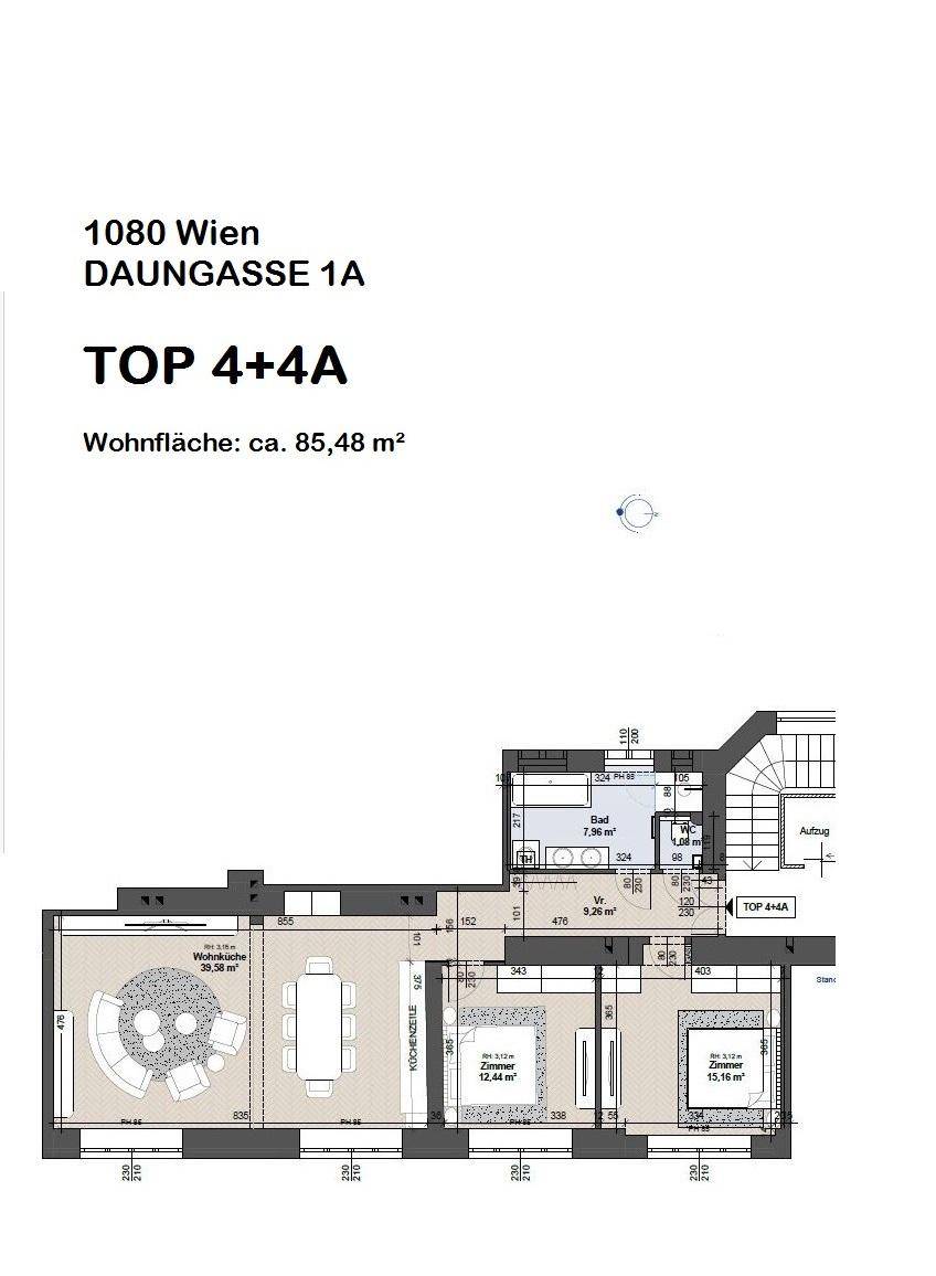 Grundriss der Wohnung TOP 4+4A in 1080 Wien, Daungasse 1A, mit einer Wohnfläche von 85,48 m².