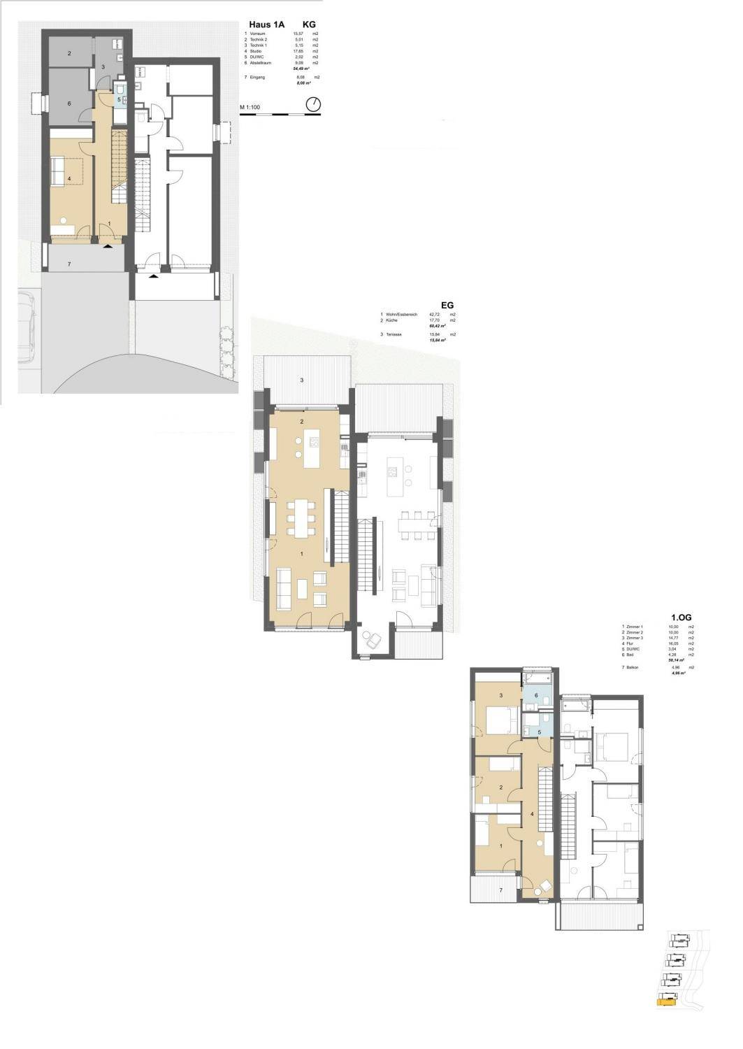 Mehrere Grundrisse eines Hauses mit Keller, Erdgeschoss und Obergeschoss.