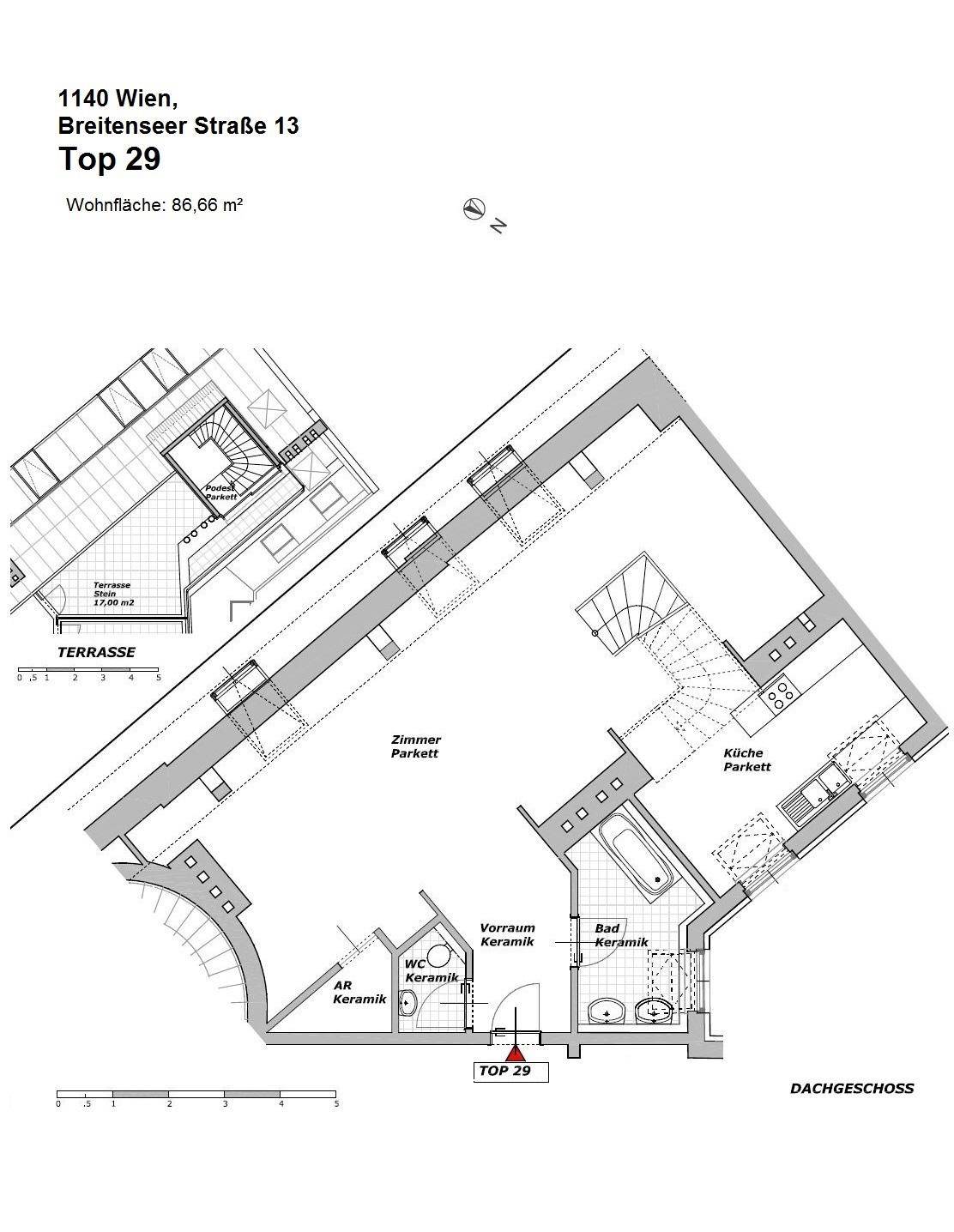Grundriss des Dachgeschosses mit Zimmern, Küche, Bad und einer Terrasse von 17,00 m².