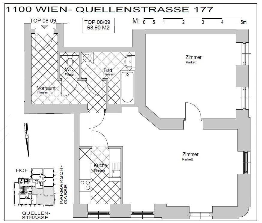 Grundriss der Wohnung mit zwei Zimmern, Küche, Bad und separatem WC.