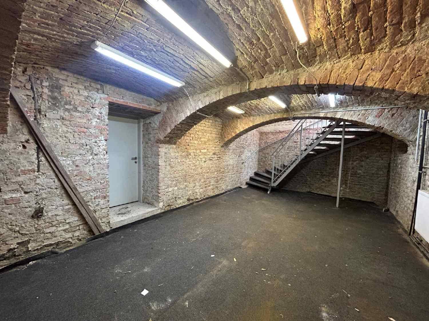 Großer Kellerraum mit Ziegelgewölben, freiliegenden Wänden und einer Metalltreppe.