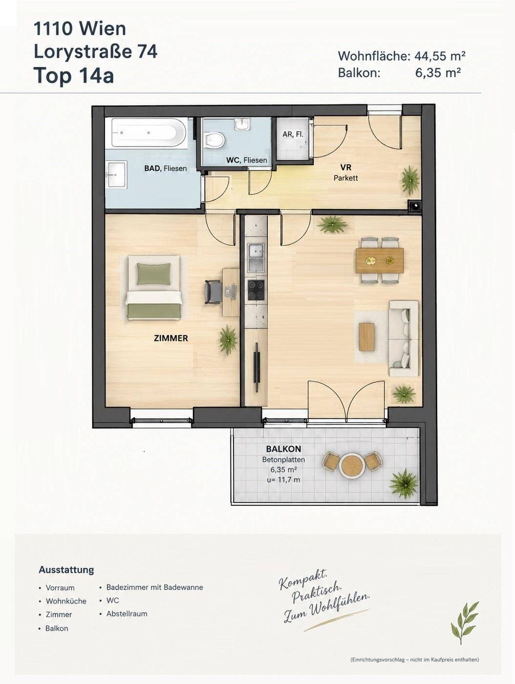 Detaillierter Grundriss der Wohnung mit Wohn-, Schlafzimmer, Bad und Balkon.