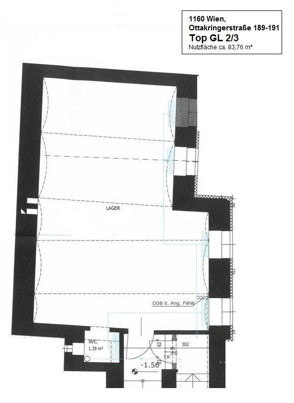 Grundrissplan einer Gewerbefläche in Wien mit Lager und WC, Gesamtfläche 83,76 m².