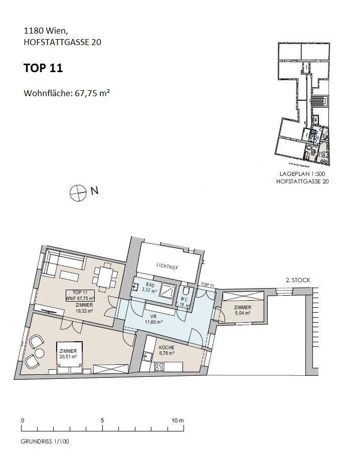 Detaillierter Grundriss der Wohnung Top 11 mit 67,75 m² Wohnfläche und Raumaufteilung.