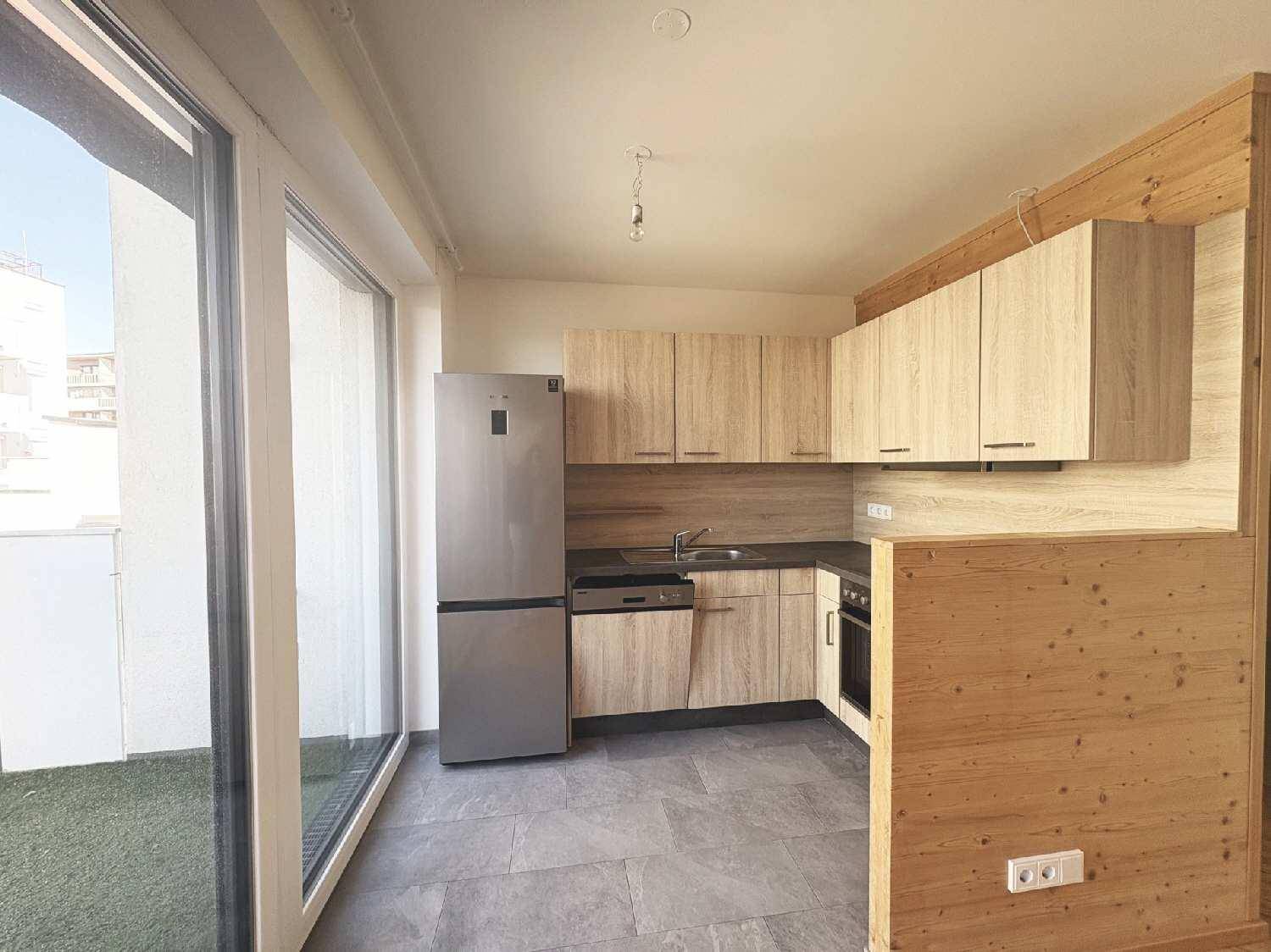 Moderne Küchenzeile mit hellen Holzfronten, integrierten Geräten und Zugang zum Balkon.