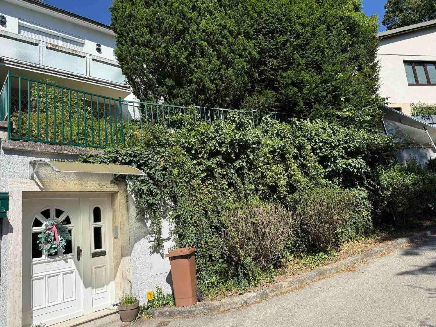 Eingangsbereich des Hauses von der Straße aus gesehen, umgeben von üppigem Grün.