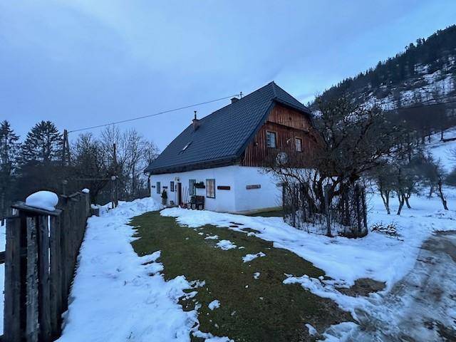 Traditionelles weißes Haus mit dunklem Dach und Holzelementen, umgeben von Schnee und Bäumen.