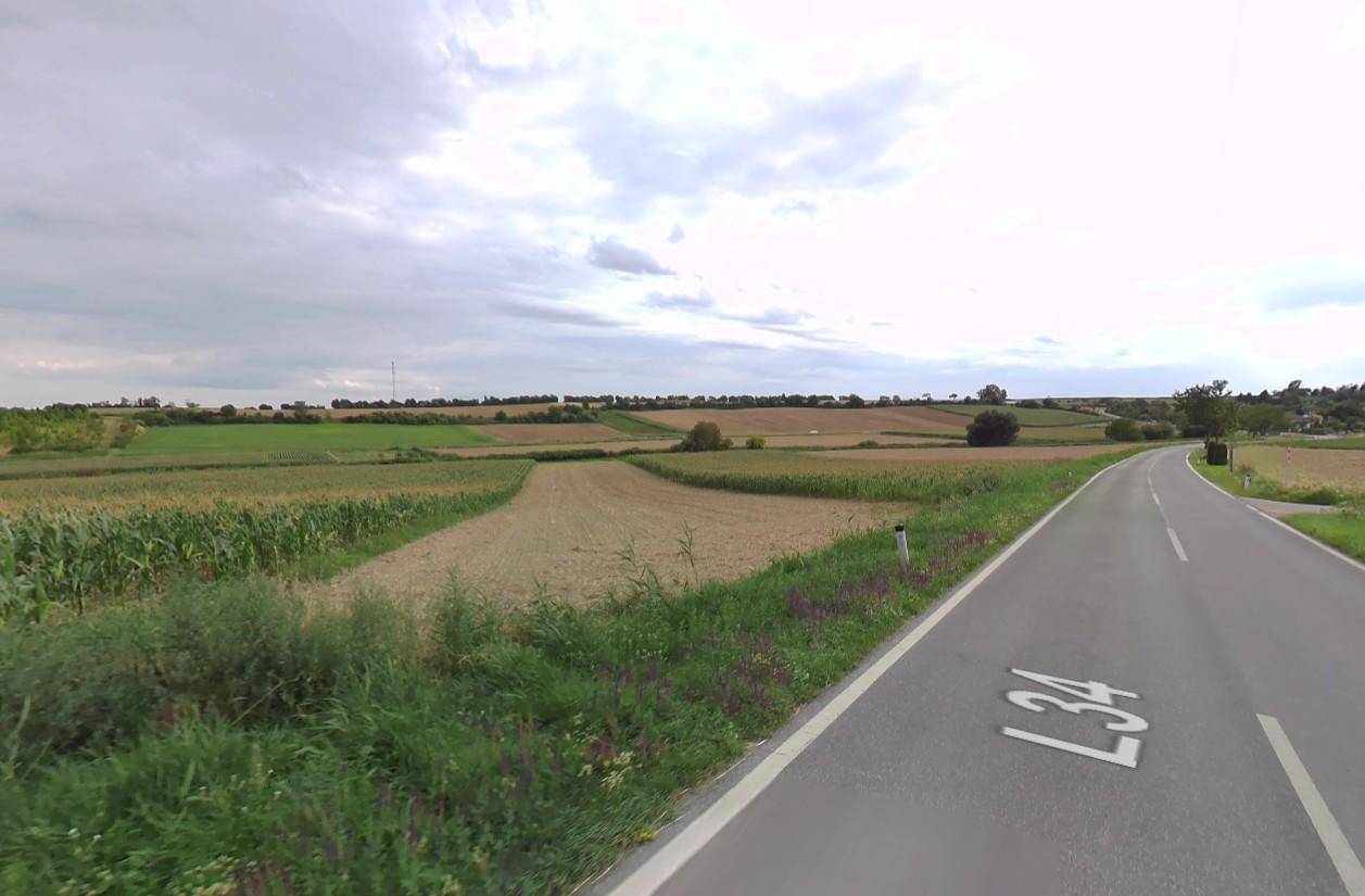 Blick auf eine ländliche Straße, umgeben von weiten Feldern und grüner Natur unter bewölktem Himmel.