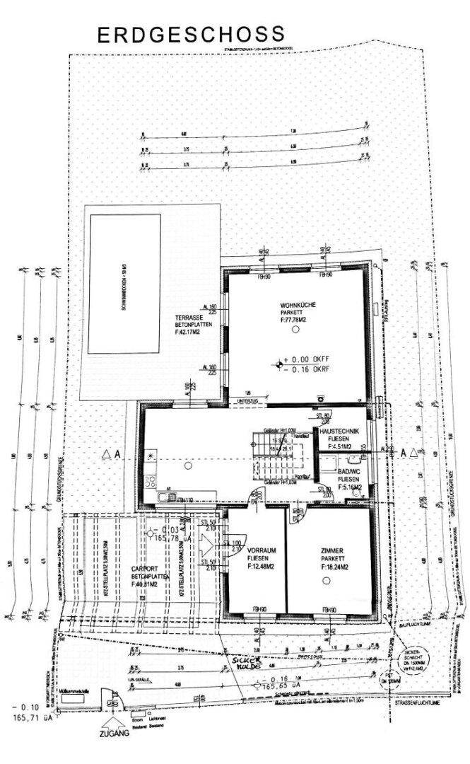 Grundriss des Erdgeschosses mit Wohnbereich, Terrasse, Carport und Poolbereich.