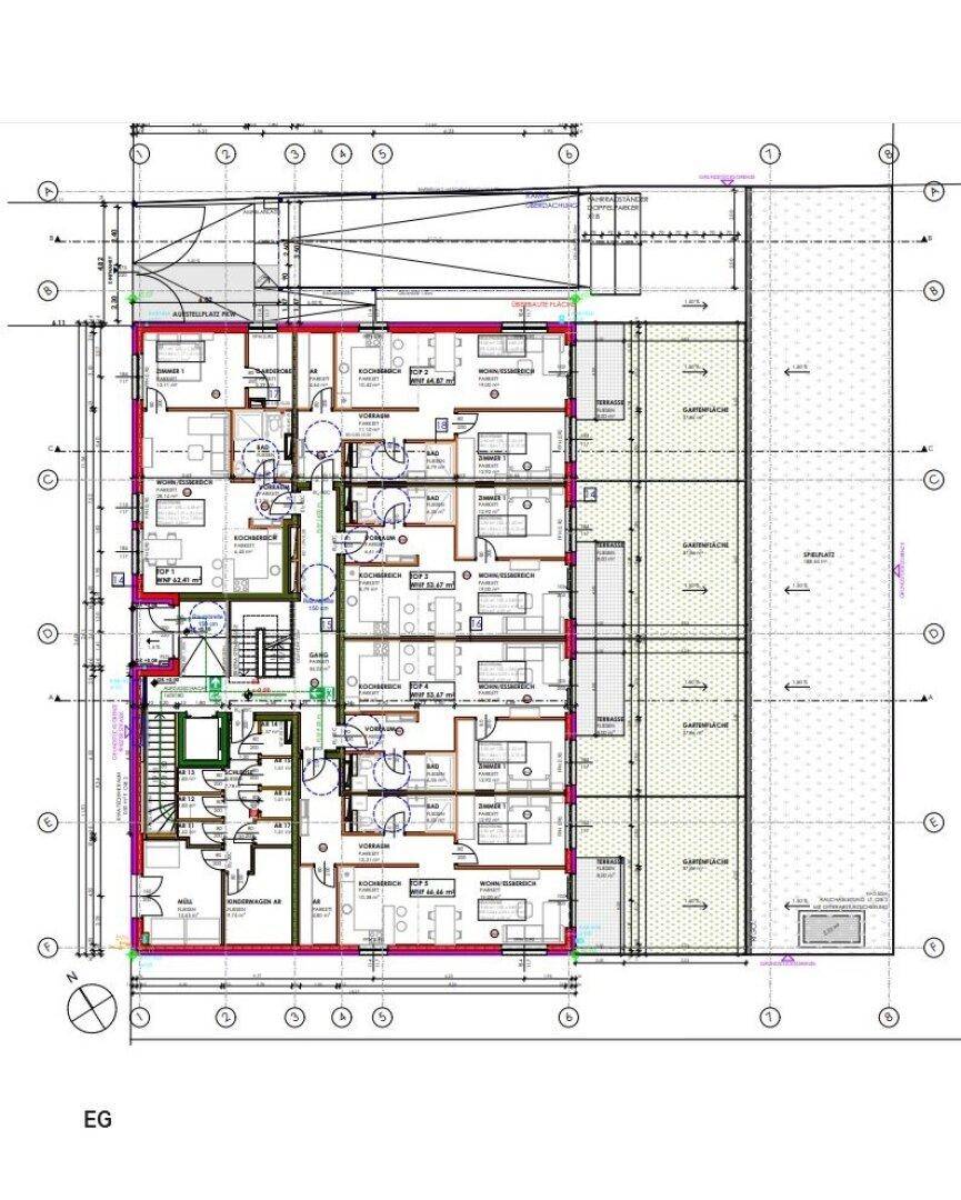 Grundriss des Erdgeschosses mit mehreren Wohneinheiten, Terrassen und Zugang zu privaten Gärten.