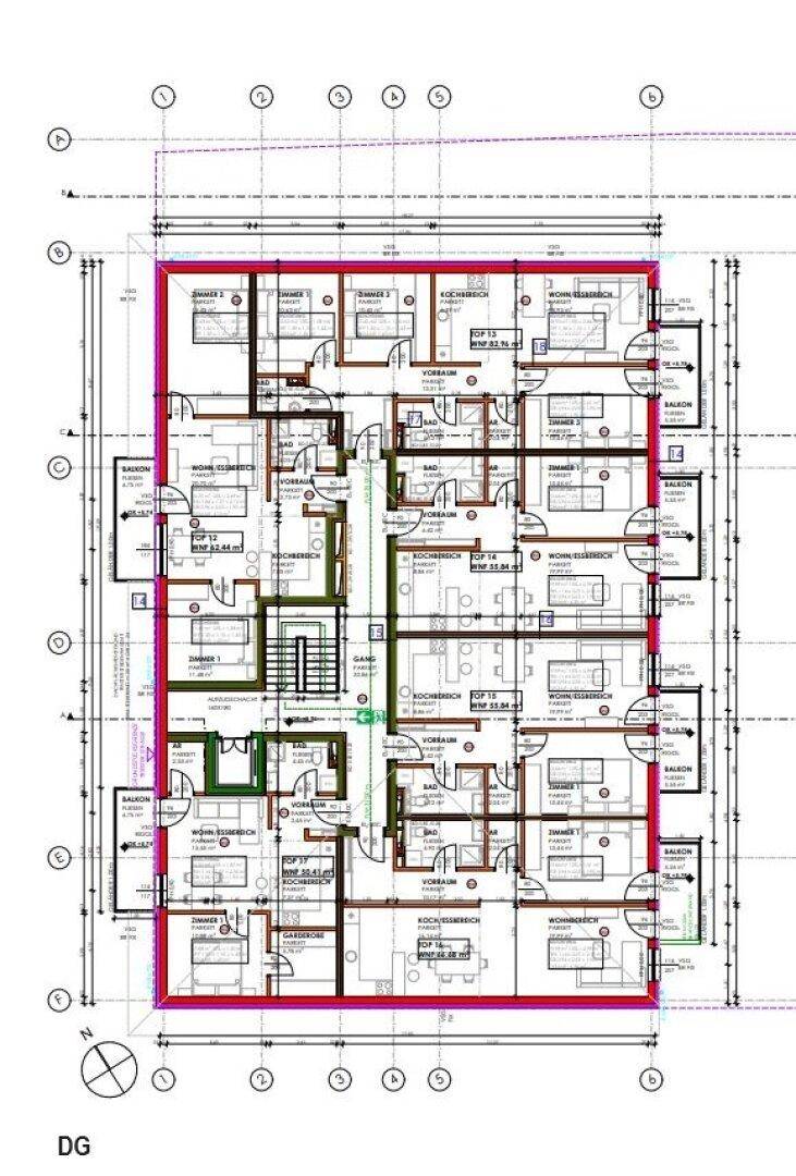 Grundriss des Dachgeschosses mit mehreren Wohneinheiten, Balkonen und Dachschrägen.